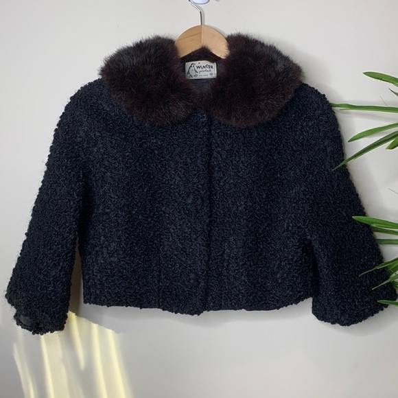 A Winter Product Vintage Black Curly Persian Lamb Fur Collar ‘60s Crop Jacket - Picture 1 of 12